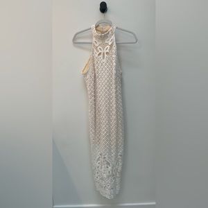 SNDYS. Designer White Lace MIDI Halter Top Dress